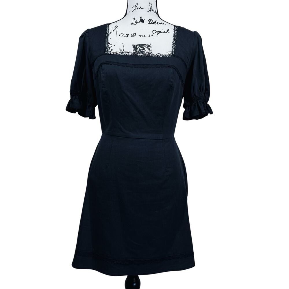And Now This black puff short sleeve dress Smocked back size S mini dress goth